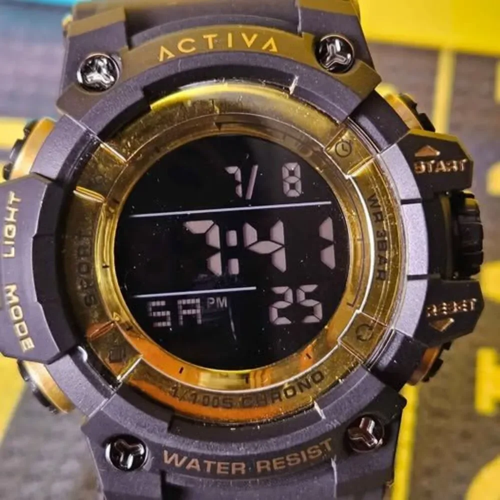Activa Men’s Digital Sports Watch – Black & Gold / Water Resistant